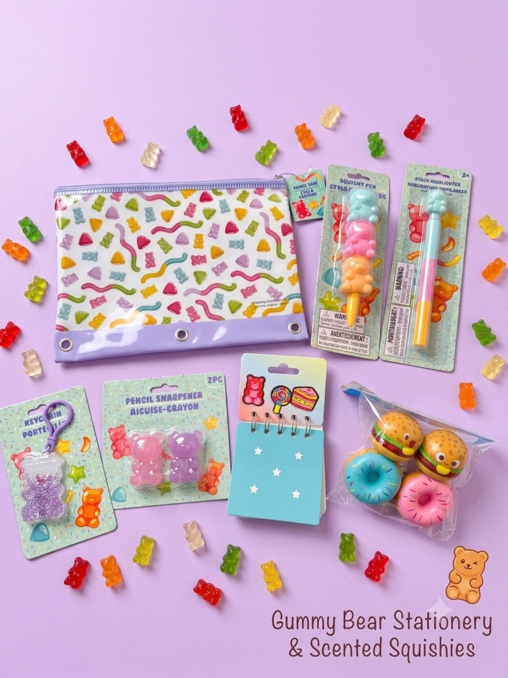 Gummy Bear Stationery Set - Lavender Pouch with Colorful Accessories 7 PC